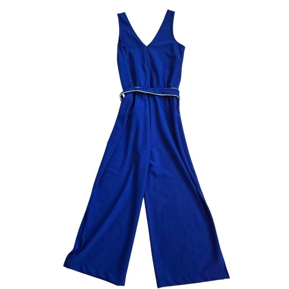 Boston Proper Womens V-Neck Belted Sleeveless Wide Leg Jumpsuit Blue Size XS - Picture 3 of 12